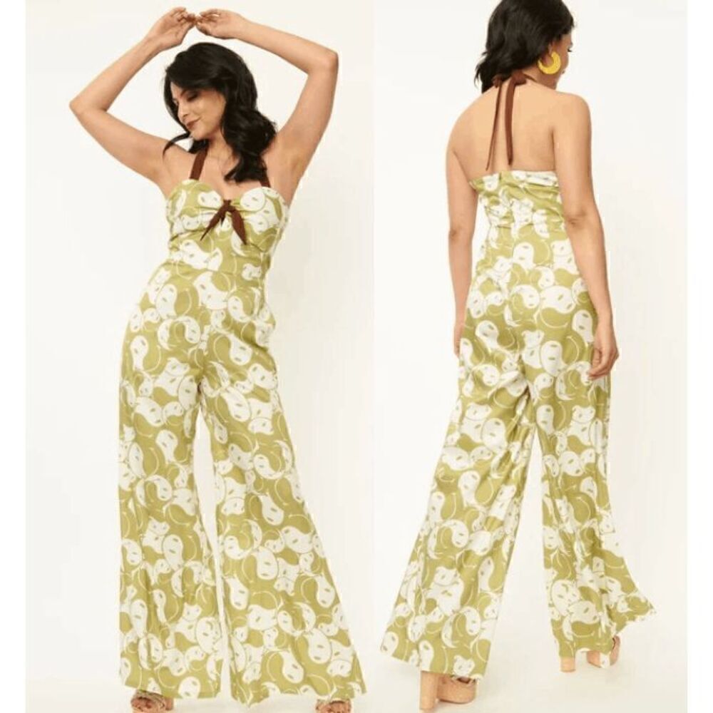 Unique Vintage x Smiley® Green Yin Yang Print Halter Jumpsuit Wide Leg XS